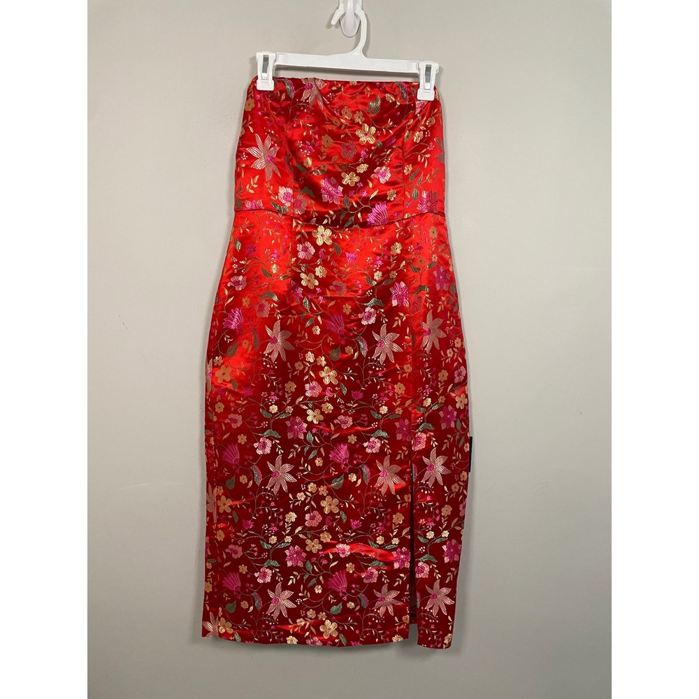 Lulus Make a Move Red Satin Floral Jacquard Strapless Midi Dress Size Large NWT - Picture 2 of 14